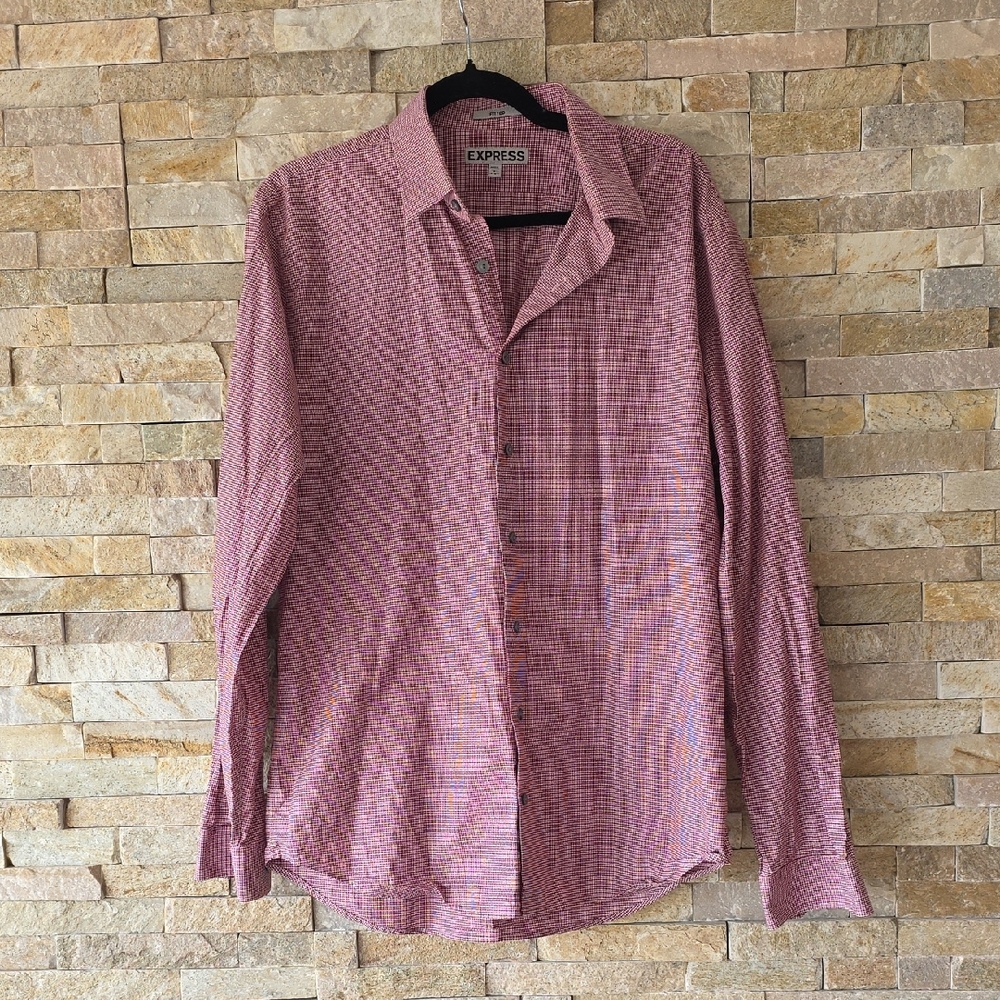 Express Men's Red and White Check Long-Sleeve Button-Down Shirt